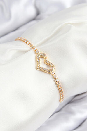 Pirinç Zirkon Taşlı Kalp Model Gümüş Renk Asansörlü Kadın Bileklik