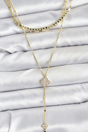 Pirinç Gold Renk Zirkon Taşlı Yoncalı Model Detaylı 3'lü Kombin Y Kadın Kolye