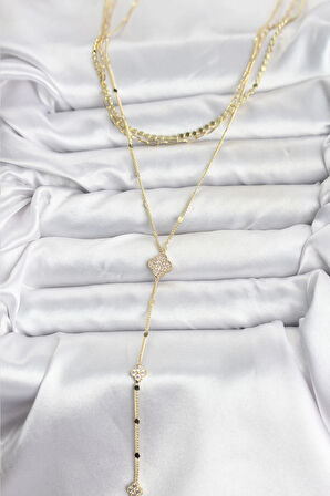 Pirinç Gold Renk Zirkon Taşlı Yoncalı Model Detaylı 3'lü Kombin Y Kadın Kolye