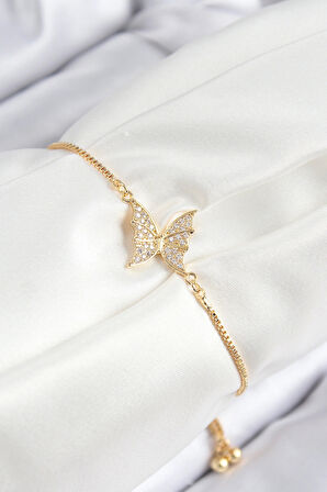 Pirinç Zirkon Taşlı Kelebek Model Gold Renk Asansörlü Kadın Bileklik