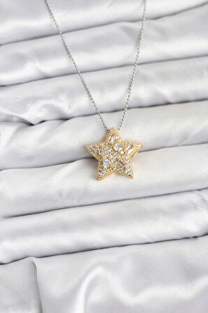 316L Çelik Zincir Gümüş Renk Zincirli Gold Yıldız Model Kadın Kolye
