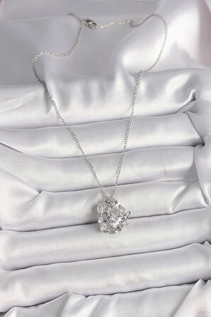 316L Çelik Gümüş Renk Zincir Zirkon Taşlı Kalp Figür Gül Detay Kadın Kolye