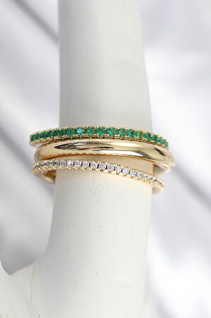 Pirinç Zirkon Taşlı Mix Renk 3'Lü Kadın Yüzük