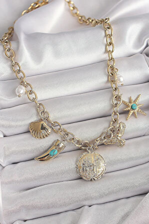 316L Çelik Gold Renk Zincir Sallantılı Çoklu Figür Model Kadın Kolye