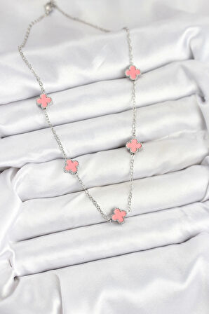 316L Çelik Zincir Gümüş Renk Pembe Baby Boy Yonca Kadın Kolye