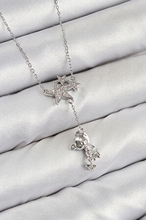 Pirinç Zirkon Taşlı Sallantılı Ayıcıklı Yıldız Model Gümüş Renk Kadın Kolye