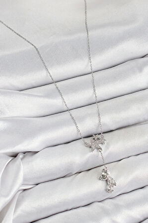 Pirinç Zirkon Taşlı Sallantılı Ayıcıklı Yıldız Model Gümüş Renk Kadın Kolye