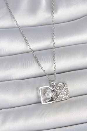 316L Çelik Gümüş Renk Zincir Zirkon Taşlı İncili Açılır Elmas Model Kadın Kolye