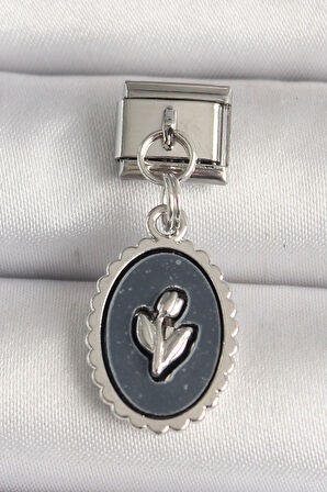 316L Çelik Gümüş Renk Çiçek İşlemeli Siyah Portre Model Nomination Charm