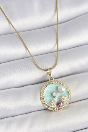 316L Çelik Gold Renk Zincir Mavi Mineli İnci Çiçek İşlemeli Zirkon Taş Detaylı Madalyon Model Kadın Kolye