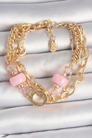Pirinç Gold Renk Çoklu Pembe Taşlı Kadın Bileklik