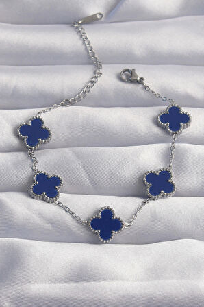 316L Çelik Gümüş Renk Mavi Mineli Yonca Bileklik