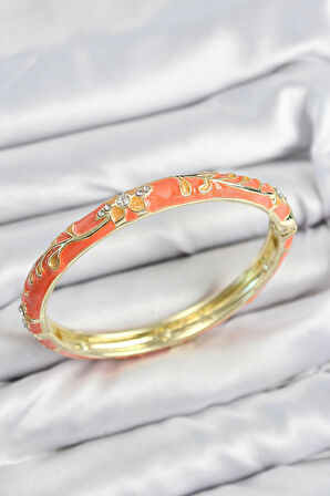 Mineli Pirinç Zirkon Taşlı Turuncu Çiçek Motifli Gold Kadın Kelepçe