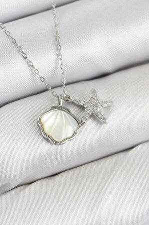 Pirinç Zirkon Taşlı İstiridye Ve Deniz Yıldızı Model Gümüş Renk Kadın Kolye