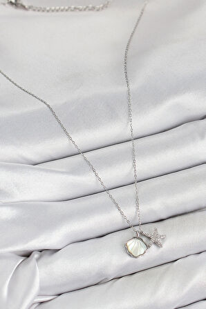 Pirinç Zirkon Taşlı İstiridye Ve Deniz Yıldızı Model Gümüş Renk Kadın Kolye