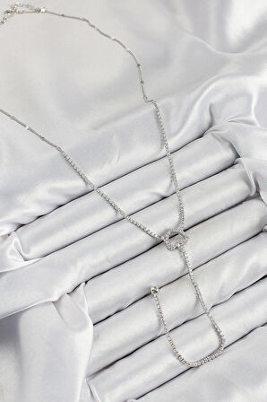 Pirinç Zirkon Taşlı Kalp Model Gümüş Renk  Y Kolye