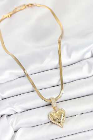 316L Çelik Zirkon Taşlı Kalp Model Gold Renk Kadın Kolye