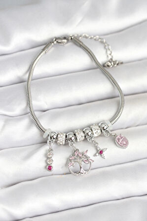 Pirinç Gümüş Renk Yaşam Ağacı Charmlı Kadın Bileklik