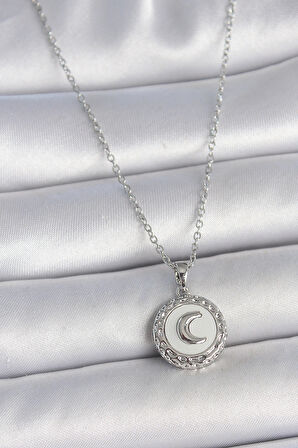 316L Çelik Gümüş Renk Zincir Beyaz Mineli Hilal İşlemeli Madalyon Model Kadın Kolye