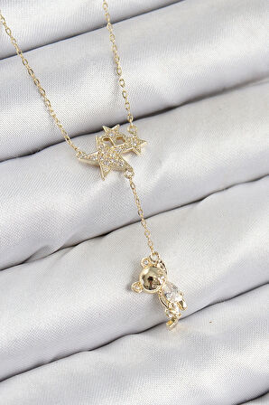 Pirinç Zirkon Taşlı Sallantılı Ayıcıklı Yıldız Model Gold Renk Kadın Kolye