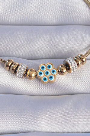 316L Çelik Gold Renk Zirkon Taşlı Nazarlı Çiçek Tasarımlı Bileklik