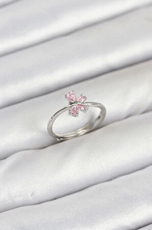 Pirinç Gümüş Renk Pembe Kelebek Kadın Yüzük