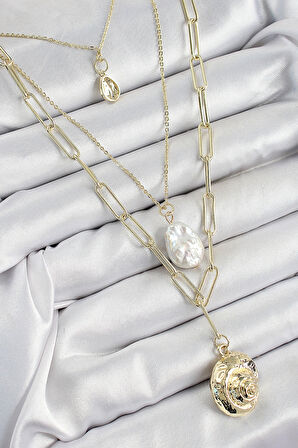 Pirinç Çoklu Zincirli İncili Deniz Kabuğu Model Gold Renk Kadın Kolye