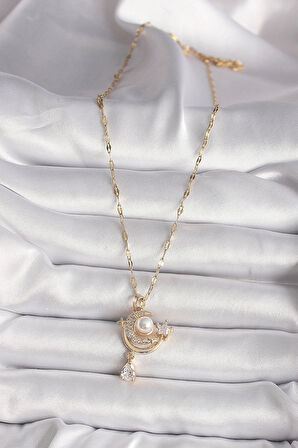 316L Gold Renk Zirkon Taşlı Ay Yıldız Model Sallantı Detay Kadın Kolye