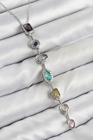 Pirinç Renkli Zirkon Taşlı Model Gümüş Renk Kadın Y Kolye