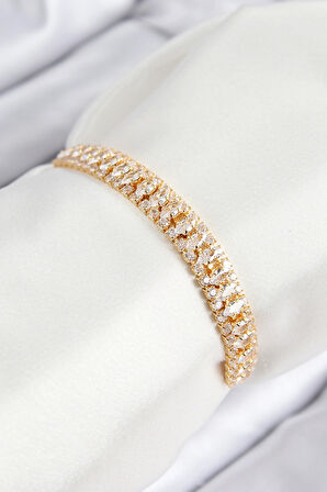 Pirinç Zirkon Taşlı Tennıs Model Gold Renk Asansörlü Kadın Bileklik