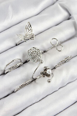 Pirinç Gül Kelebek Model Gümüş Renk Kadın Yüzük Kombin Set