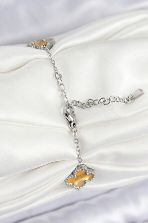 316L Çelik Sedefli Kehribar Sarı Gümüş Renk Yonca Kadın Bileklik