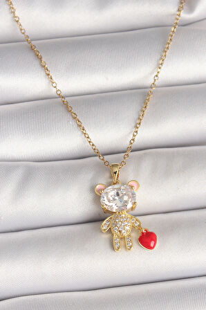 316L Çelik Gold Renk Zincir Zirkon Taşlı Ayıcık Model Kırmızı Kalp Detay Kadın Kolye