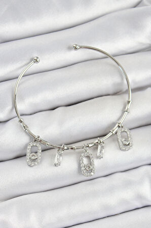 Pirinç Zirkon Taşlı Dikdörtgen Model Gümüş Renk Charm Bileklik