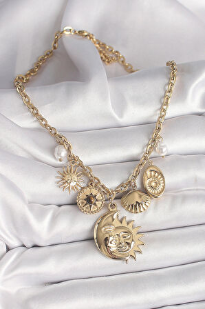 316L Çelik Gold Renk Ay Güneş Figür Deniz Kabuğu Detay Kadın Kolye