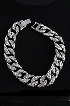 Pirinç Zirkon Taşlı Cuba Gurmet Model Gümüş Renk Erkek Bileklik