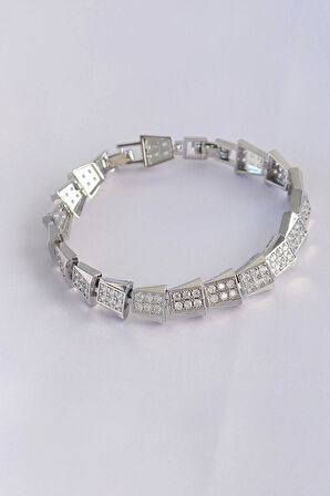 Vip Seri Pirinç Zirkon Taşlı Gümüş Renk Geometrik Bileklik