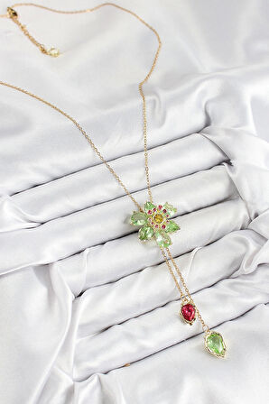 VIP Pirinç Zirkon Taşlı Çiçek Model Gold Renk Asansörlü Kadın Kolye