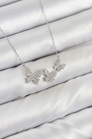 Pirinç Zirkon Taşlı Kelebek Model Gümüş Renk Kadın Kolye