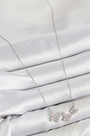 Pirinç Zirkon Taşlı Kelebek Model Gümüş Renk Kadın Kolye