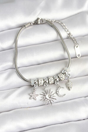 Pirinç Gümüş Renk Ay ve Güneş Charmlı Kadın Bileklik