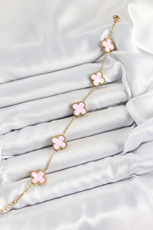 316L Çelik Pembe Sedef Yonca Model Gold Renk Kadın Bileklik