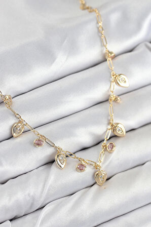Pirinç Zirkon Taşlı Sallantılı Damla Model Gold Renk Kadın Kolye