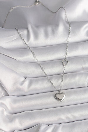 316L Çelik Gümüş Renk Zincir Kalp Detay Kalp Figür Kadın Kolye