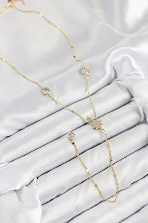 Pirinç Zirkon Taşlı Kutup Yıldızı Model Gold Renk Y Kolye