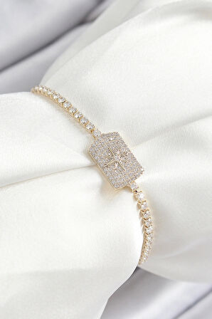 Pirinç Zirkon Taşlı Kutup Yıldızı Model Gold Renk Asansörlü Kadın Bileklik