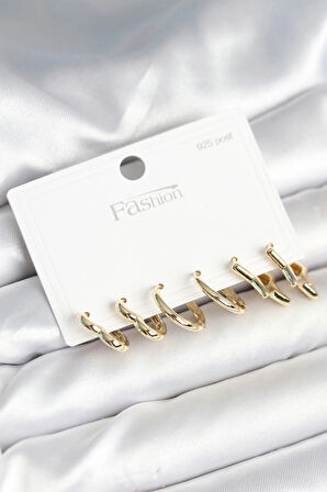 Pirinç Gold Renk Kalp Yıldız ve Halka Model 925 Ayar Gümüş Çivili Kadın Küpe Seti