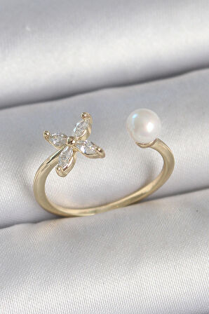 Pirinç Gold Renk Zirkon Taşlı Çiçek Model İnci Detay Ayarlanabilir Kadın Yüzük