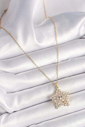 316L Çelik Gold Renk Zincir Zirkon Taşlı Kar Tanesi Model Kadın Kolye