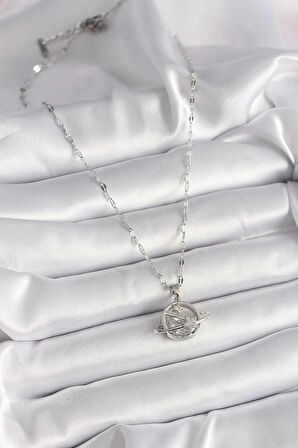 316L Çelik Gümüş Renk Zincir Zirkon Taşlı Yıldız Detay Gezegen Model Kadın Kolye